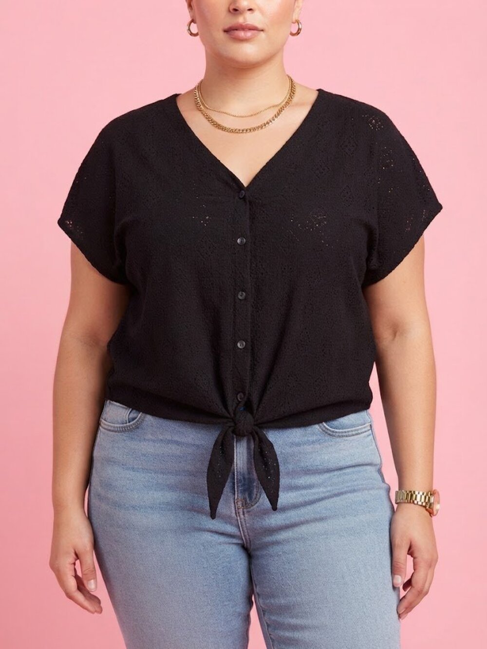 Black Eyelet Button-Up Tie-Hem Top